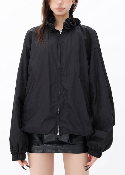 Black Ruffled Zip Up Drawstring Jacket Fall