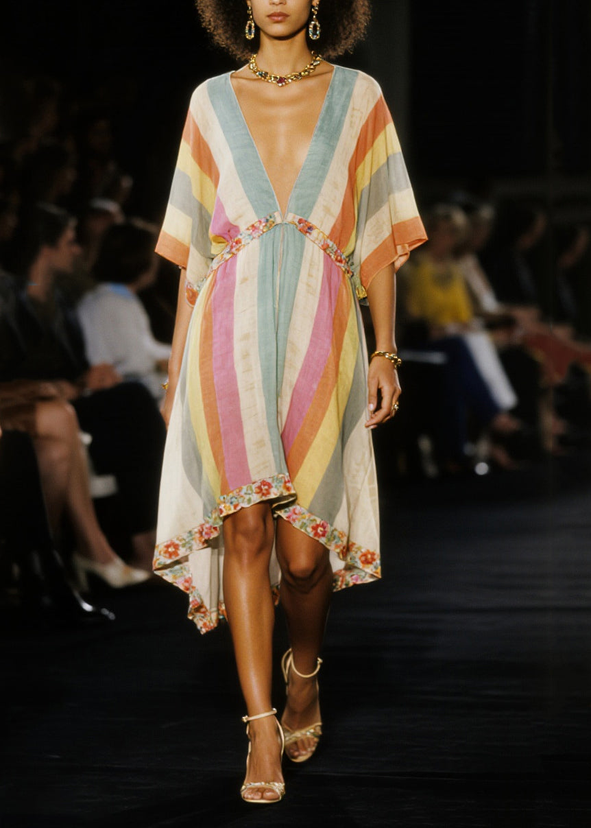 Multicolored V Neck Patchwork Cotton Mid Dress Summer