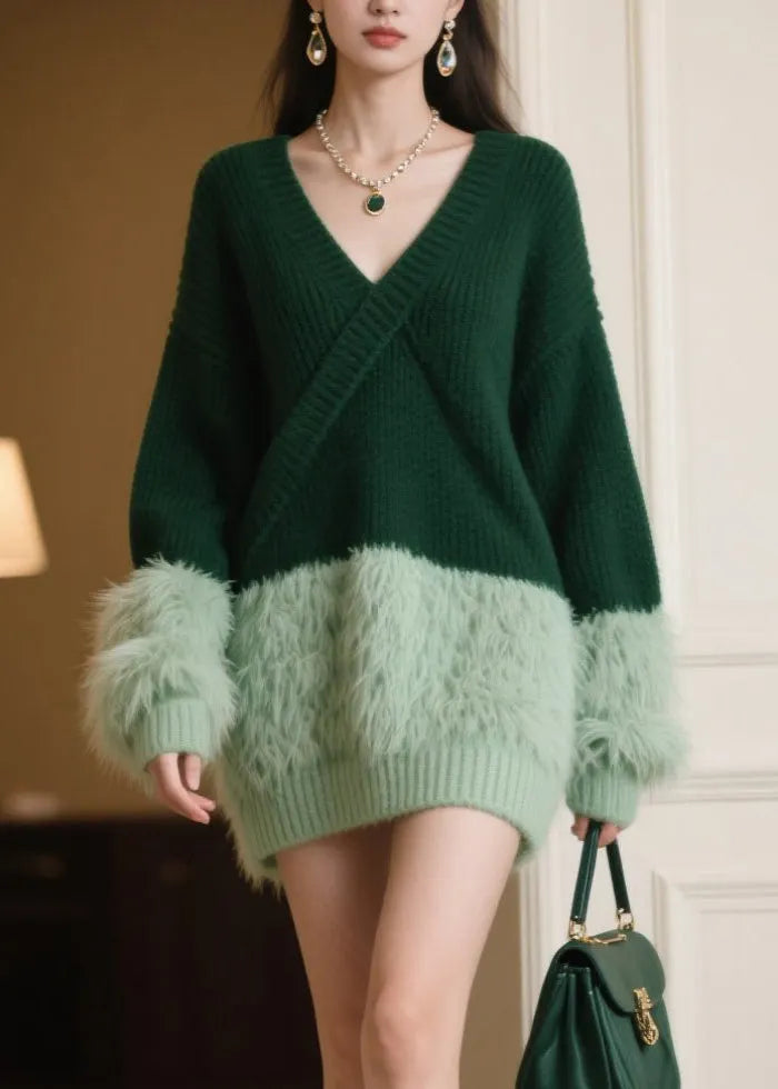 Tea Green Oversized Patchwork Knitwear Dress Winter