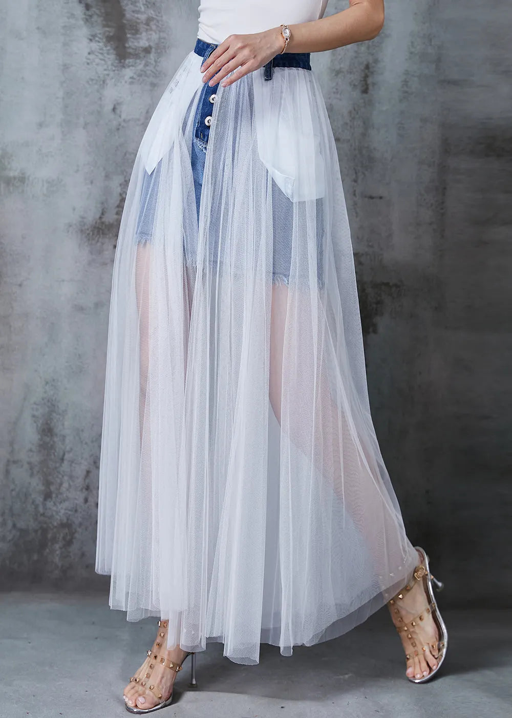 Style Denim Blue Patchwork Tulle Wear on Both Sides Skirt Summer