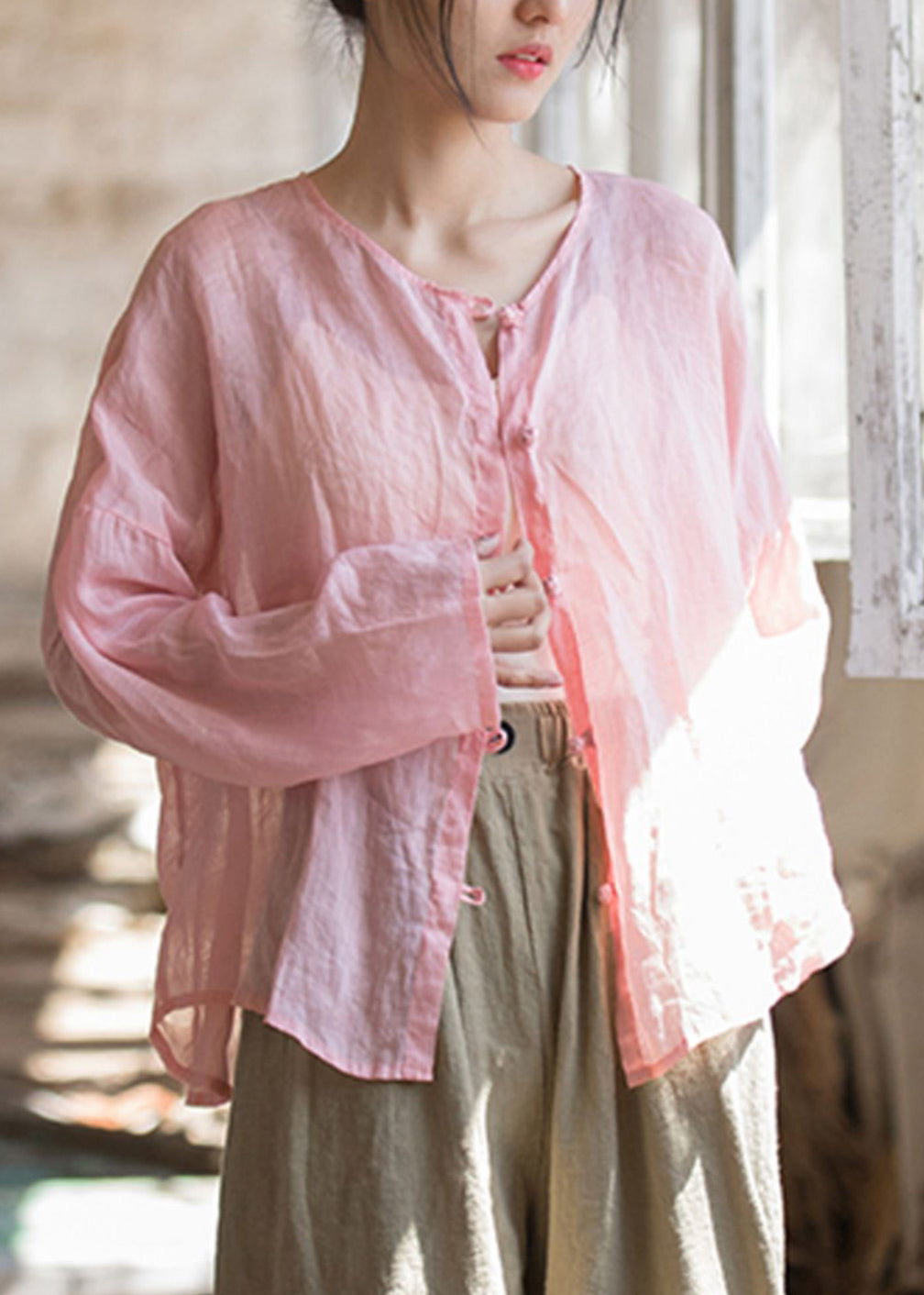 Natural Green Tops Button O-neck Ramie Fall
