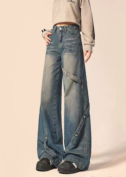 American Style Blue Pockets Patchwork Denim Straight Pants Spring