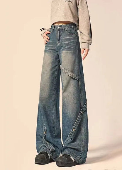 American Style Blue Pockets Patchwork Denim Straight Pants Spring