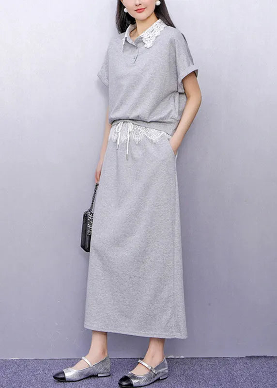 Grey Lace Patchwork Top and Maxi Skirts Two Piece Set Summer