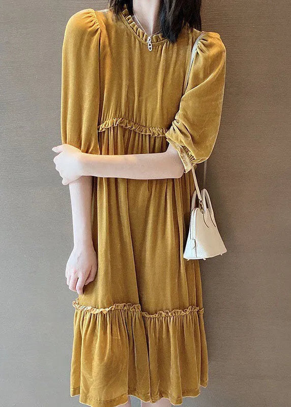 Yellow Ruffled Patchwork Velour Fall Half Sleeve Maxi Dresses