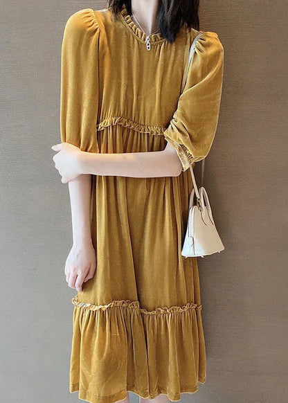 Yellow Ruffled Patchwork Velour Fall Half Sleeve Maxi Dresses