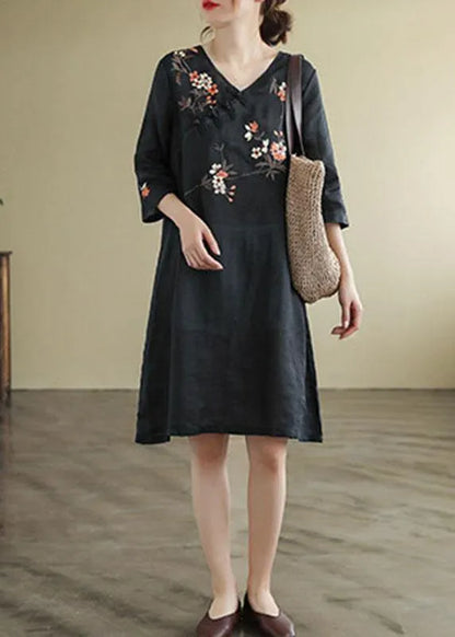 Black V Neck Embroideried Button Three Quarter Sleeve Fall Dresses