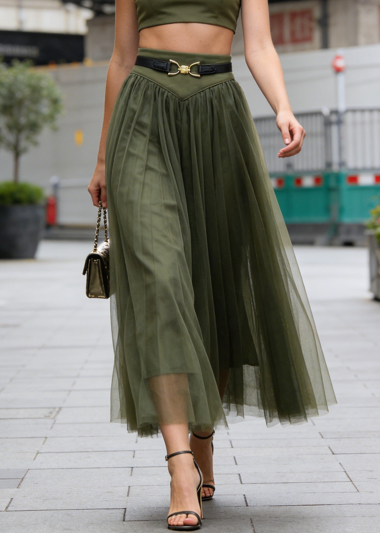 Simple Green Wrinkled Patchwork Tulle Skirts Spring