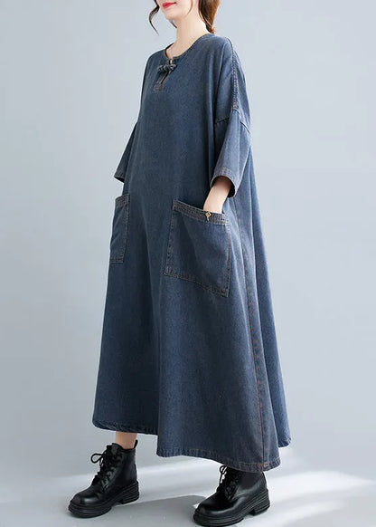 Blue O Neck Pockets Patchwork Denim Long Dresses Fall