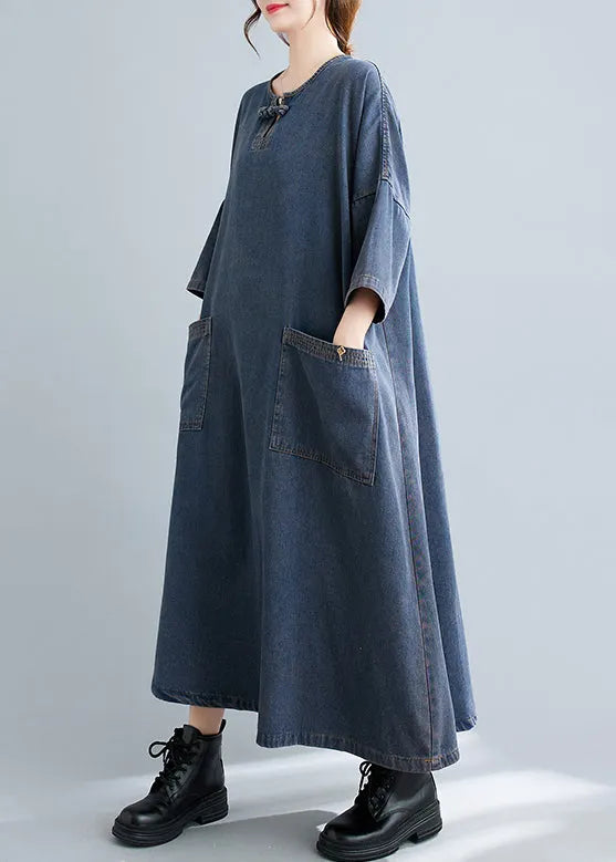Blue O Neck Pockets Patchwork Denim Long Dresses Fall
