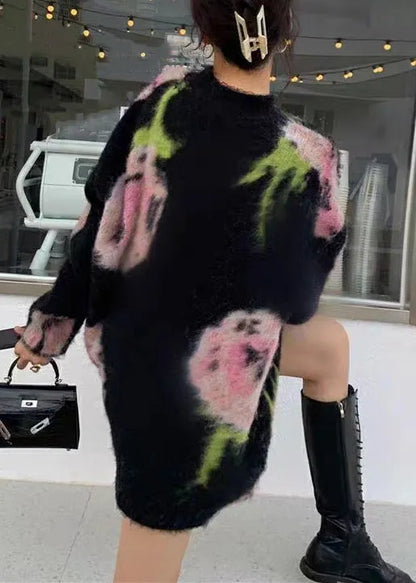Black O Neck Cozy Cotton Knit Mid Dress Long Sleeve