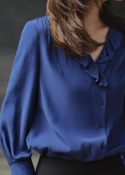 Blue Ruffled Draping Chiffon Blouses Spring