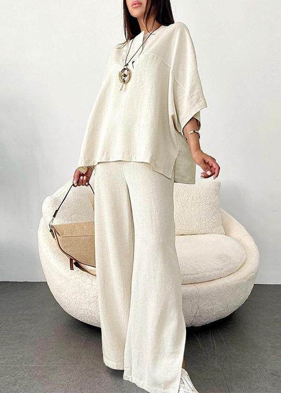 Art White O-neck Patchwork Top and Wide Leg Pants Two Pieces Set Fall