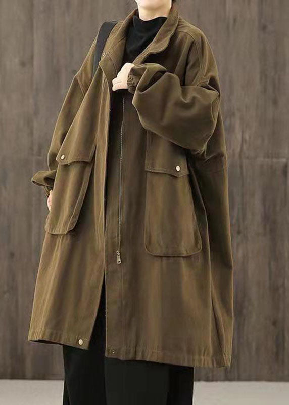Handmade Chocolate Zippered Pockets Patchwork Fall Trench Coats