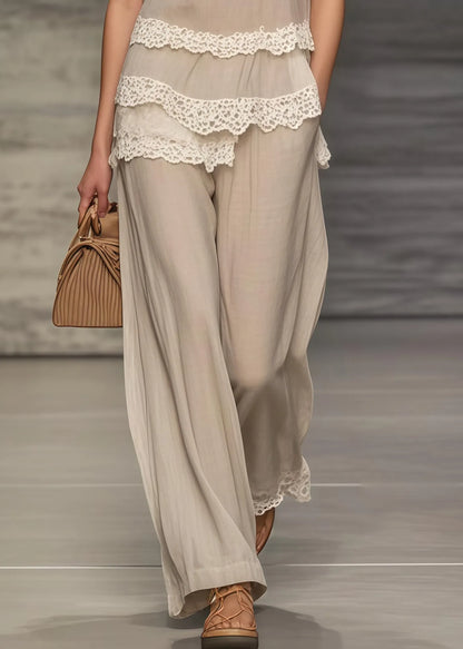 Khaki Asymmetrical Patchwork Lace Two Pieces Set Summer