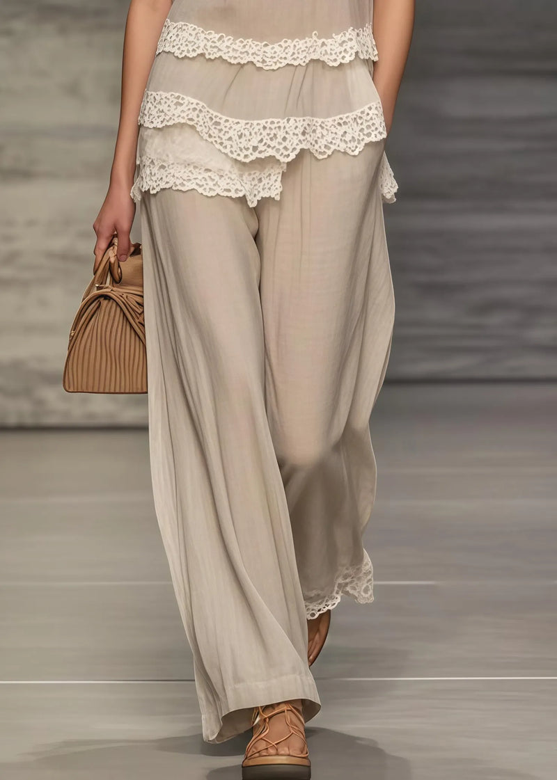 Khaki Asymmetrical Patchwork Lace Two Pieces Set Summer