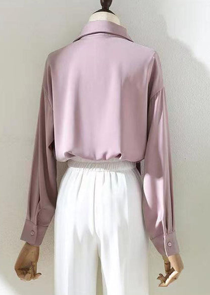French Pink Bow Chiffon Shirts Long Sleeve