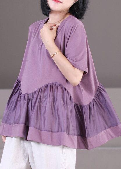 Purple Wrinkled Patchwork Cotton Loose Tank Tops Short Sleeve
