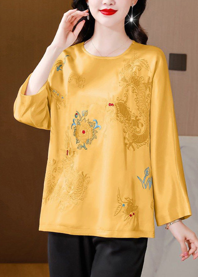 Yellow Embroidered Silk Blouse Tops Spring