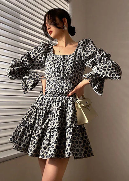 Black Print Cotton Pleated Dress Two Piece Set Clothing Lace Up Long Sleeve