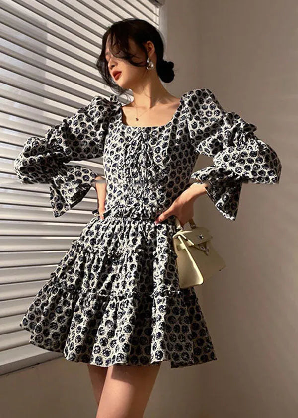 Black Print Cotton Pleated Dress Two Piece Set Clothing Lace Up Long Sleeve