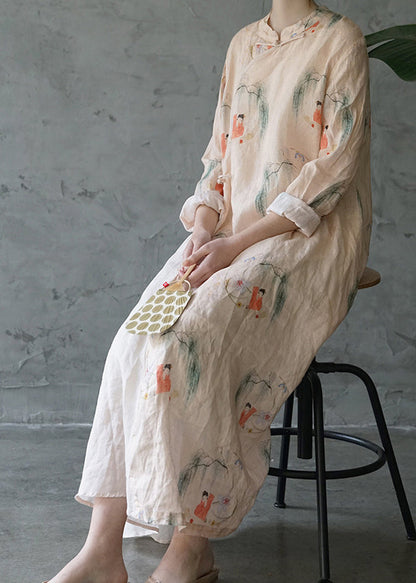 Light Pink Mandarin Collar Print Patchwork Linen Long Dress Long Sleeve
