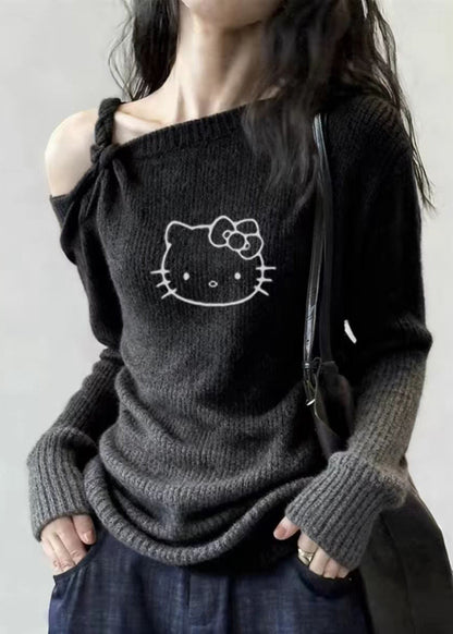 Dark Grey Cold Shoulder Print Cotton Knit Sweater Tops Spring