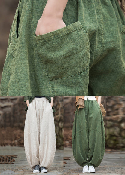 Beige Pockets Patchwork Linen Lantern Pants Elastic Waist Fall