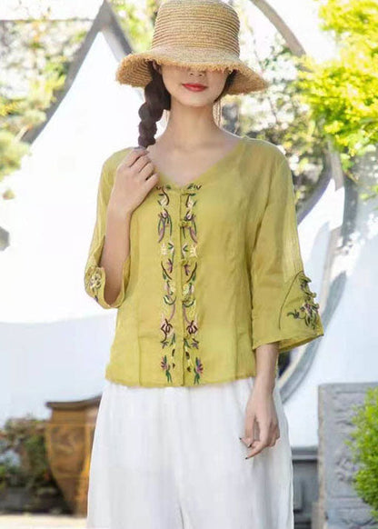 Ginger Loose Linen Tops V Neck Three Quarter Sleeve