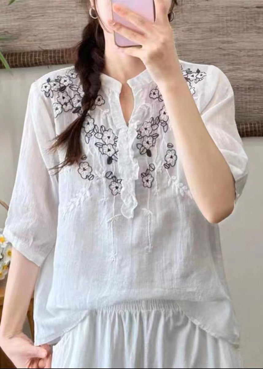 Simple White Embroideried Ruffled Linen Shirt Top Summer