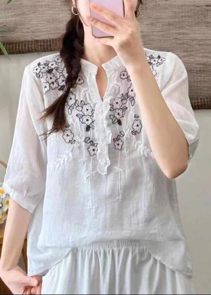Simple White Embroideried Ruffled Linen Shirt Top Summer
