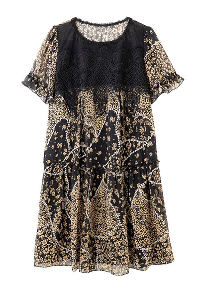 Black O Neck Lace Patchwork Print Chiffon Dress Summer