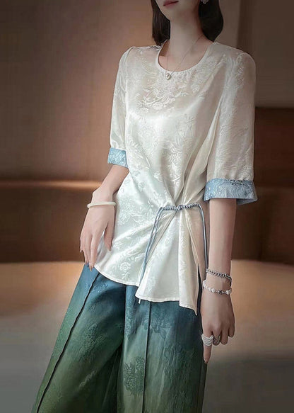 White O-neck Asymmetrical Print Patchwork Drawstring Shirt Bracelet Sleeve