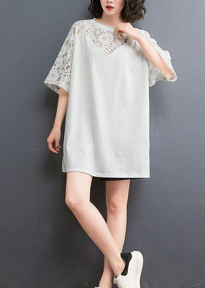 White Patchwork Lace O-neck Cotton Tee Summer