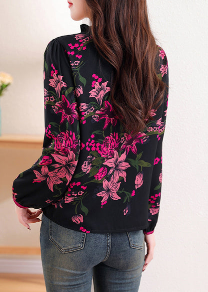 Black Ruffled Print Chiffon Top Long Sleeve
