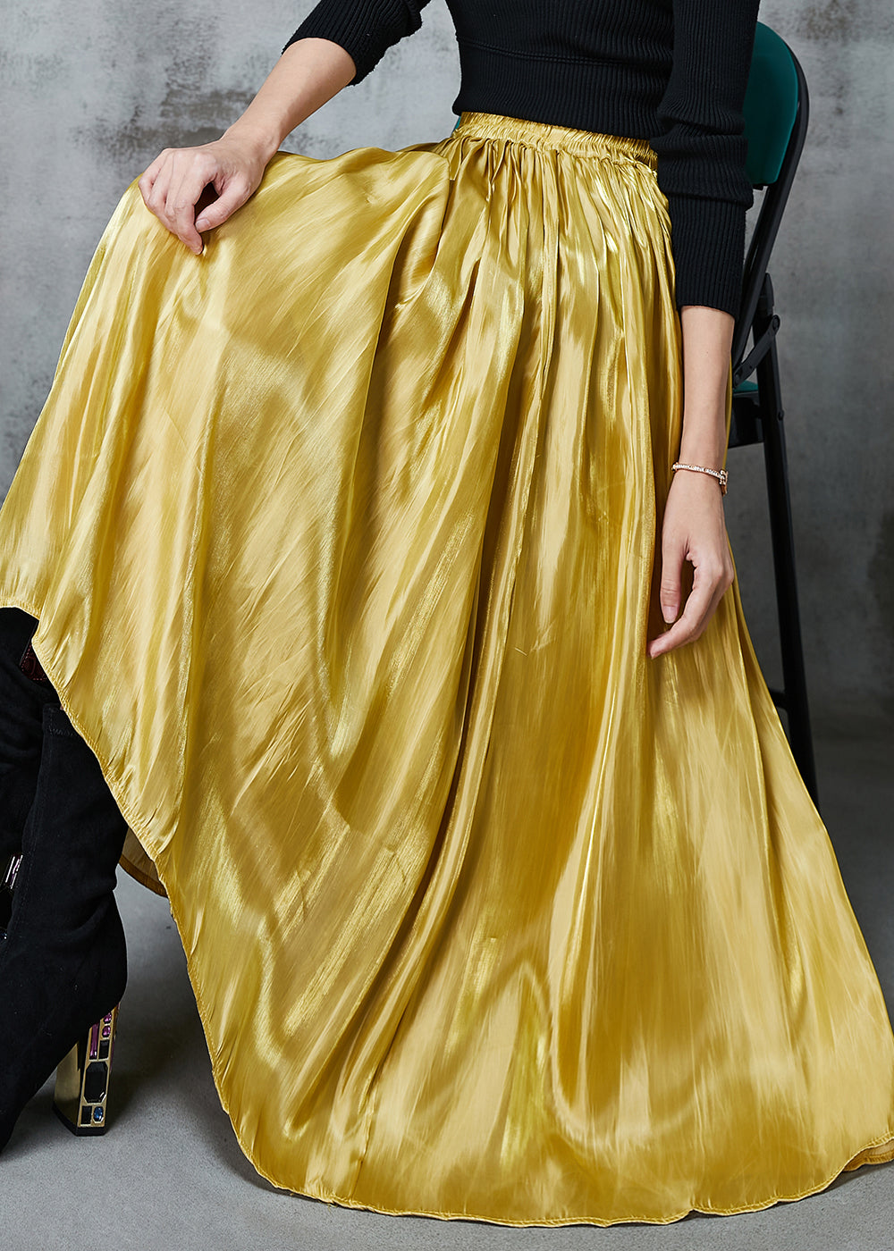Yellow Exra Large Hem Silk Skirts Spring