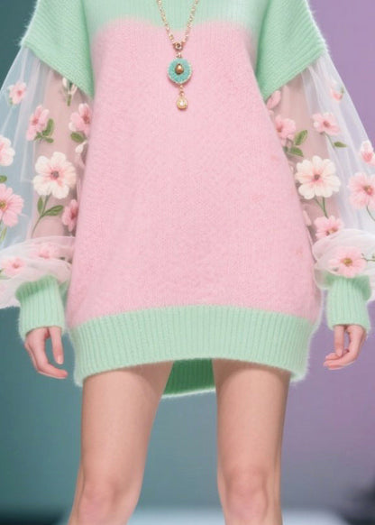 Stylish Colorblock Oversized Patchwork Tulle Sweater Dress Fall
