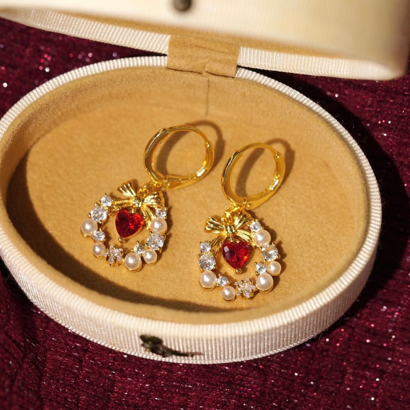 Bow Wreath Red Heart Earrings