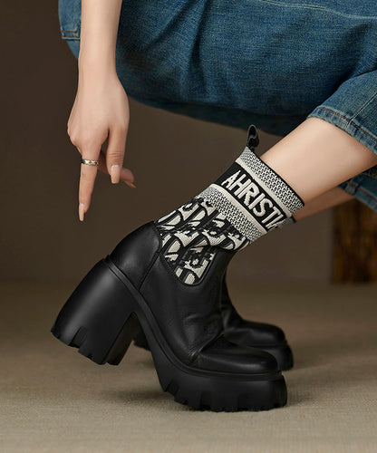 Black Boots Chunky Heel Cowhide Leather Splicing Elastic Fabric