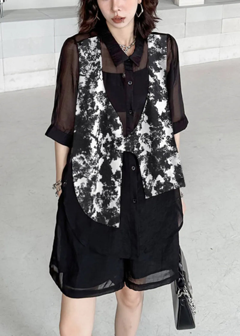 Black Tie Dye Patchwork Shirts and Shorts Cotton Two Piece Set Summer