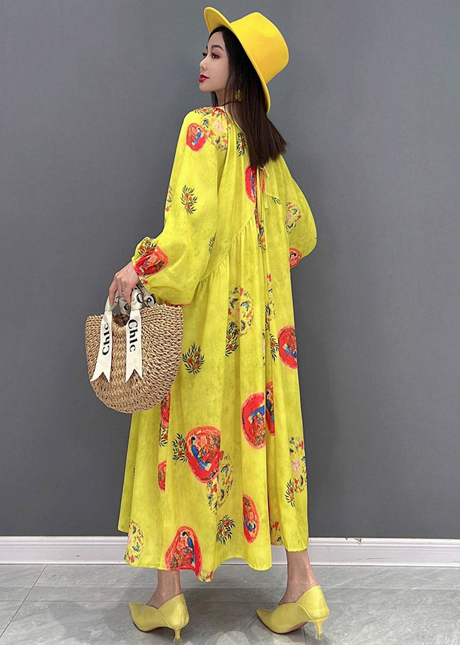 Vogue Yellow O-neck Print Chiffon Dresses Long Sleeve