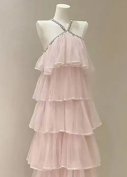 Pink Zircon High Waist Tulle Long Dress Sleeveless