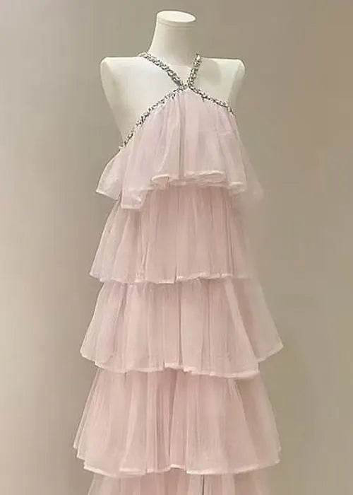 Pink Zircon High Waist Tulle Long Dress Sleeveless