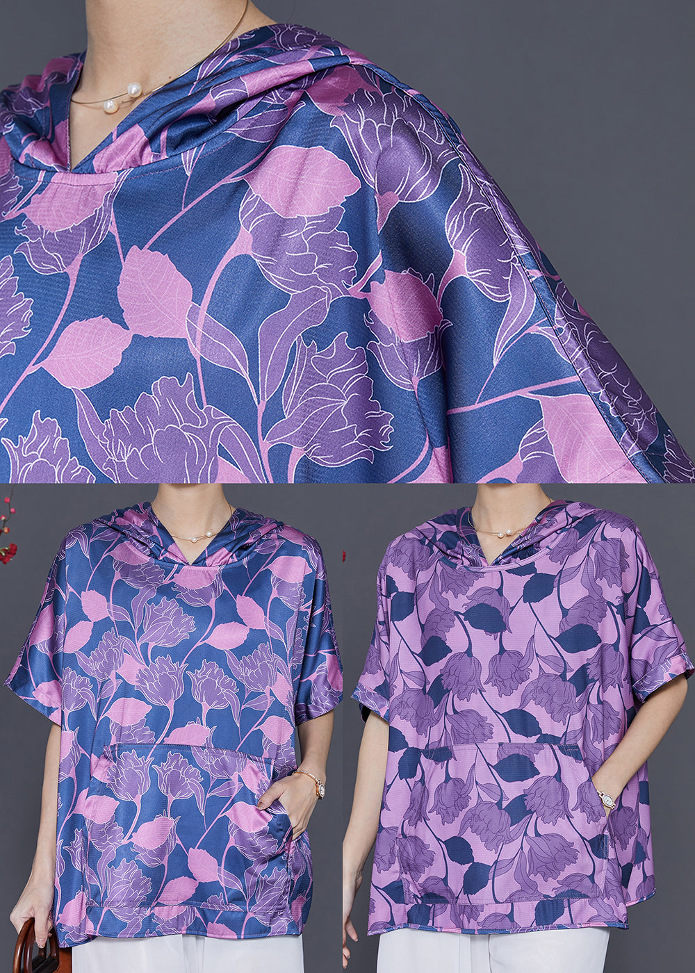 Blue Oversized Print Silk Sweatshirt Summer