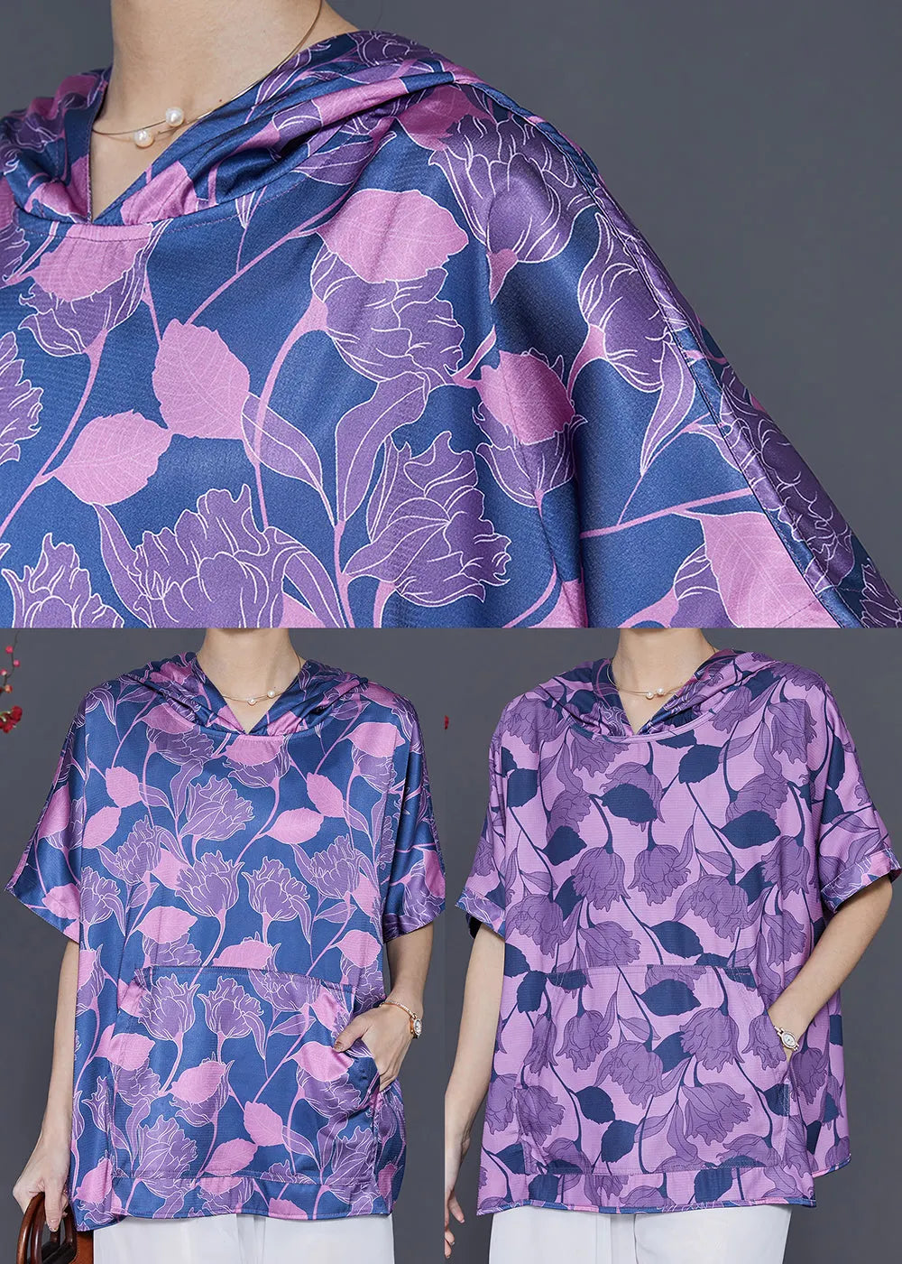 Purple Print Silk Sweatshirts Top Hooded Summer