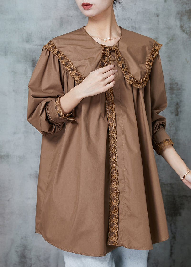 Coffee Peter Pan Collar Patchwork Lace Cotton Shirts Spring