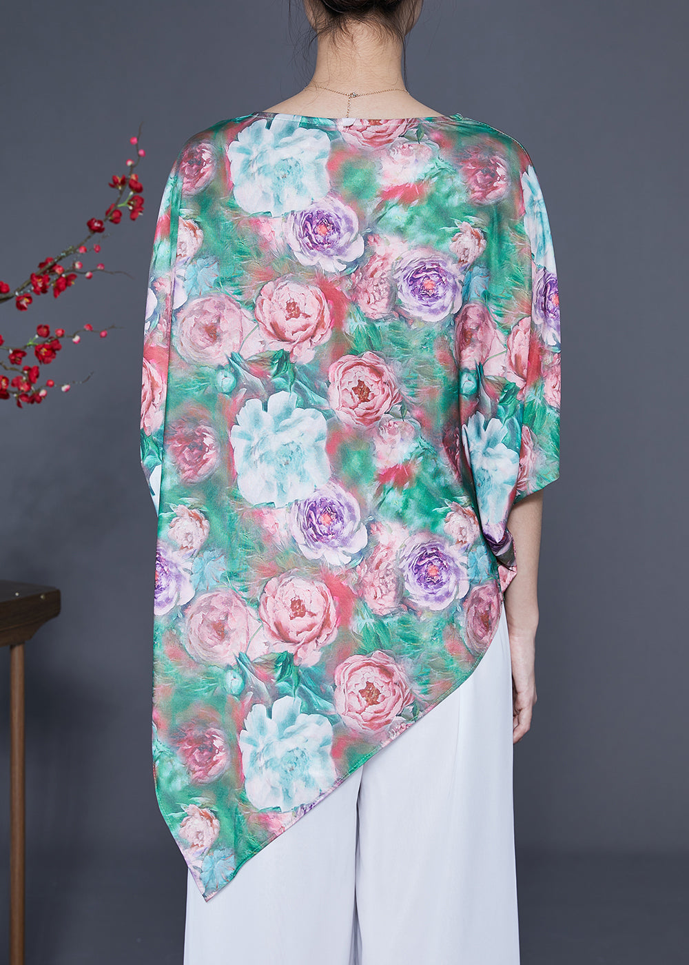 Unique Green Asymmetrical Print Silk Tank Batwing Sleeve