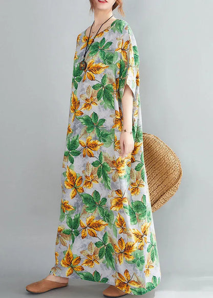 Yellow Green O-neck Leaf Print Cotton Long Dress Short Sleeve