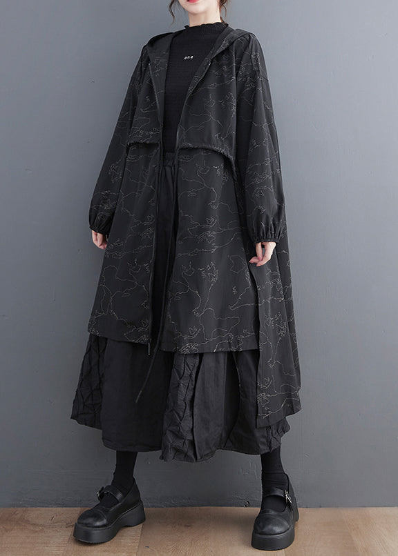 Vogue Black Asymmetrical Patchwork Print Zippered Tie Waist Hoodie Trench Coat Spring