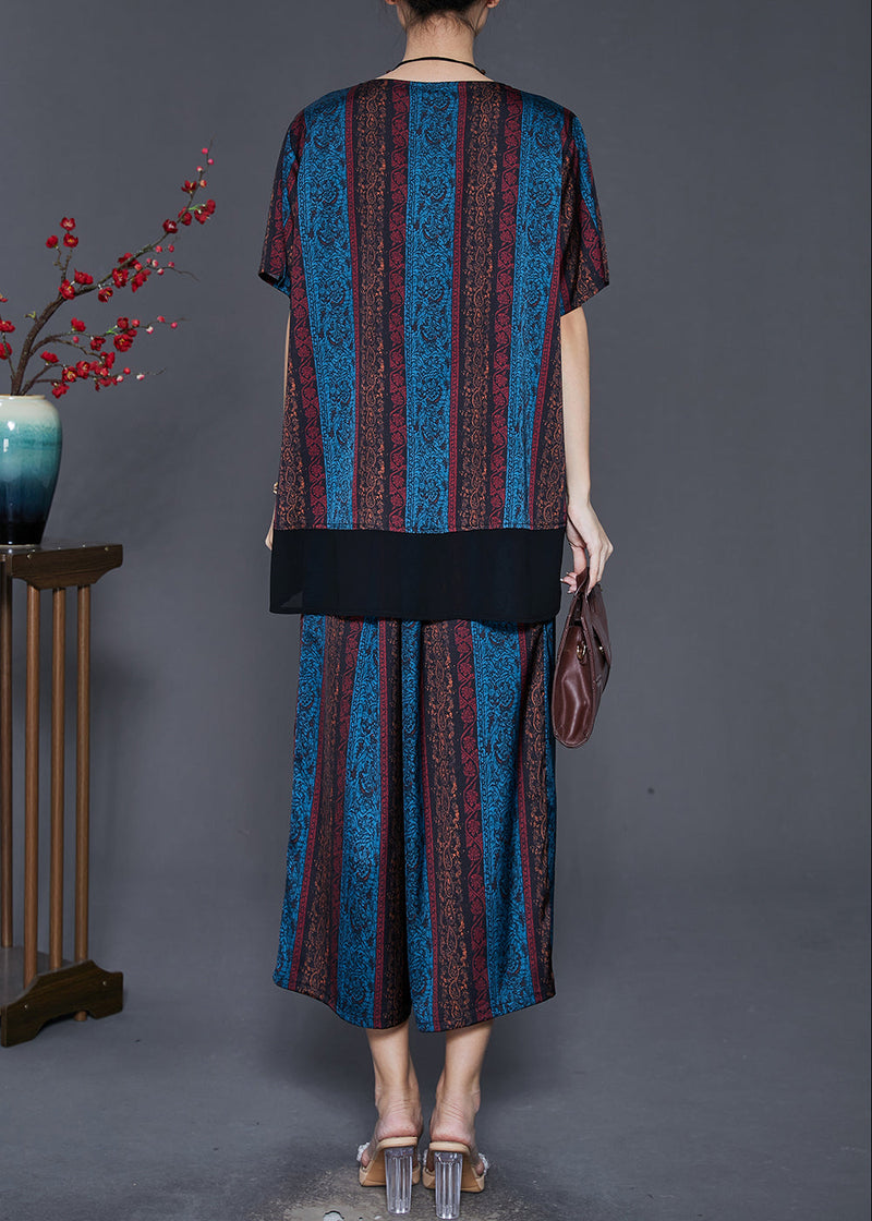 Blue Patchwork Silk Loose Two Pieces Set Low High Design Summer